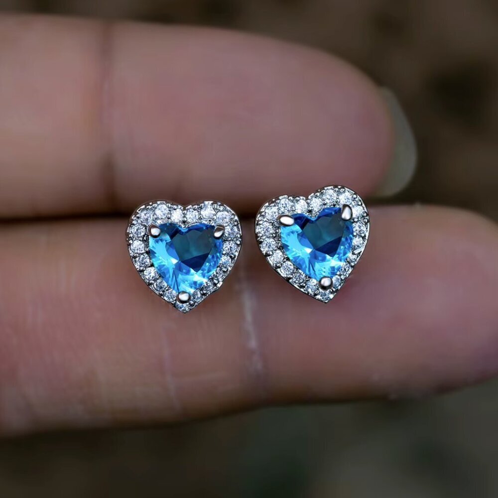 14k White Gold Blue Sapphire Diamond Earrings Heart Stud Earrings